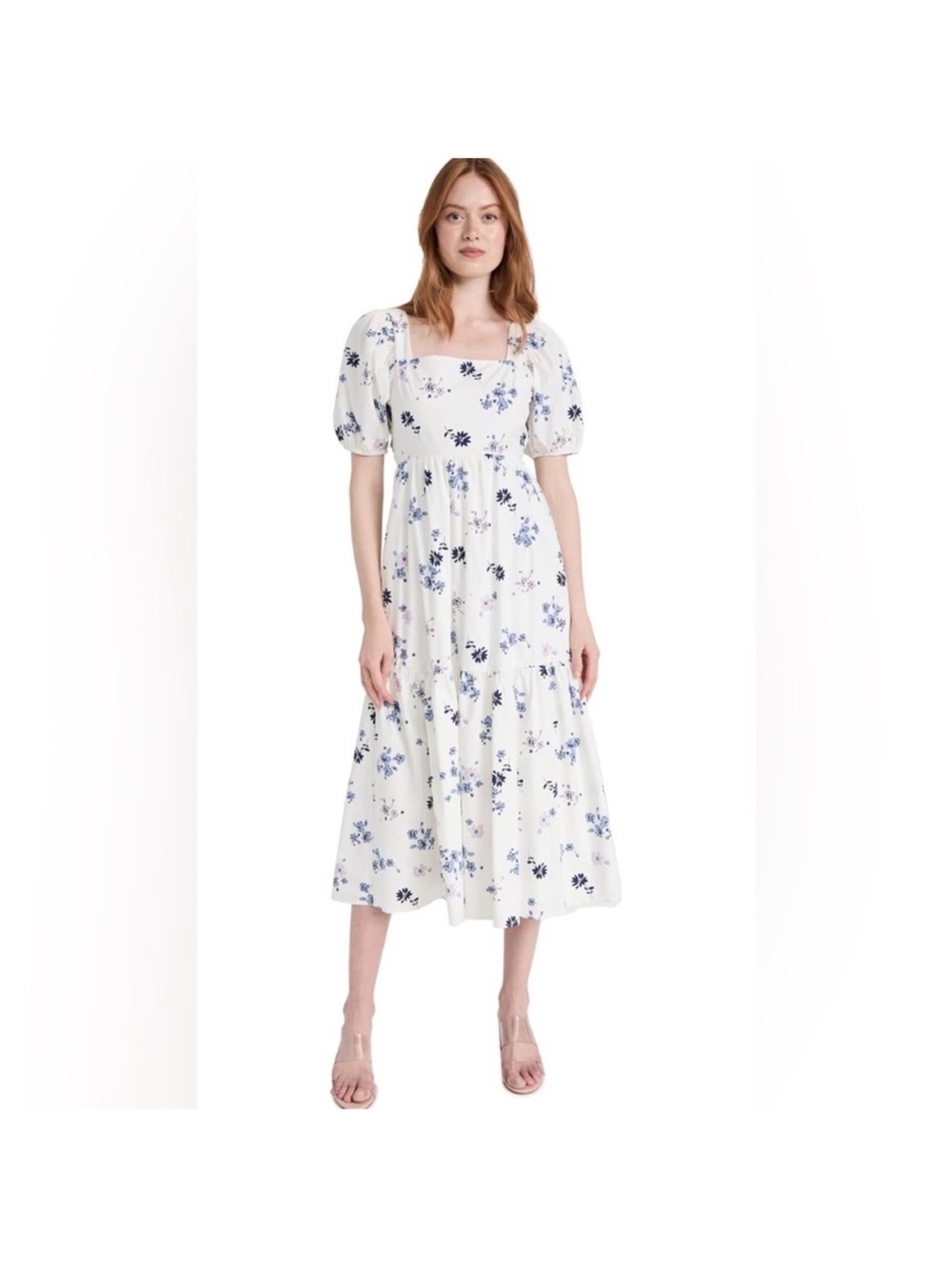 WAYF Women's Tie Back Puff Sleeve Midi Dress Ivory Stamp Floral NWT